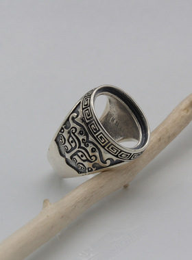 泰银兽面戒托饕餮回字纹男复古戒指托12*16 戒指空托男潮百搭