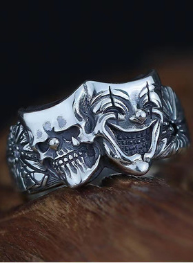 双面善恶小丑面具戒指男潮个性哥特风食指戒复古仿泰银开口指环