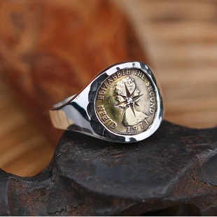 复古手工射线镶钻伊丽莎铜币戒指泰银硬币潮男百搭可调节指环