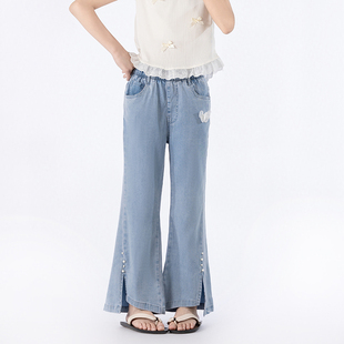 Singira女童夏款立体手工刺绣蝴蝶牛仔裤清冷感简约喇叭裤薄款