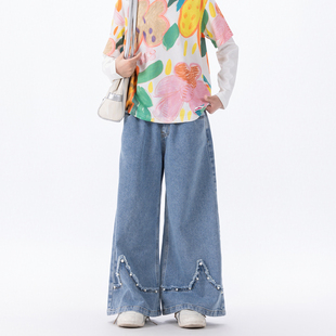 Singira女童春秋毛边水洗牛仔裤珍珠装饰韩系阔腿裤中腰大裤腿
