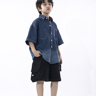 Singira24夏儿童潮酷牛仔外套短袖衬衫纯棉面料宽松版型休闲翻领
