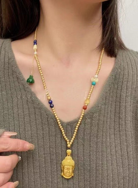 金色古法佛牌佛头吊坠圆珠串珠长