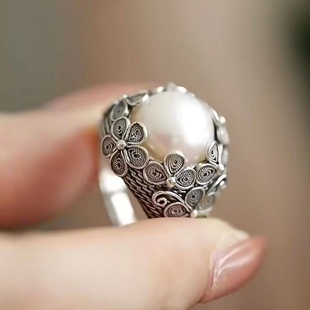 花丝镶嵌戒指女复古做旧国潮花朵气质文艺范轻奢高级感开口食指环