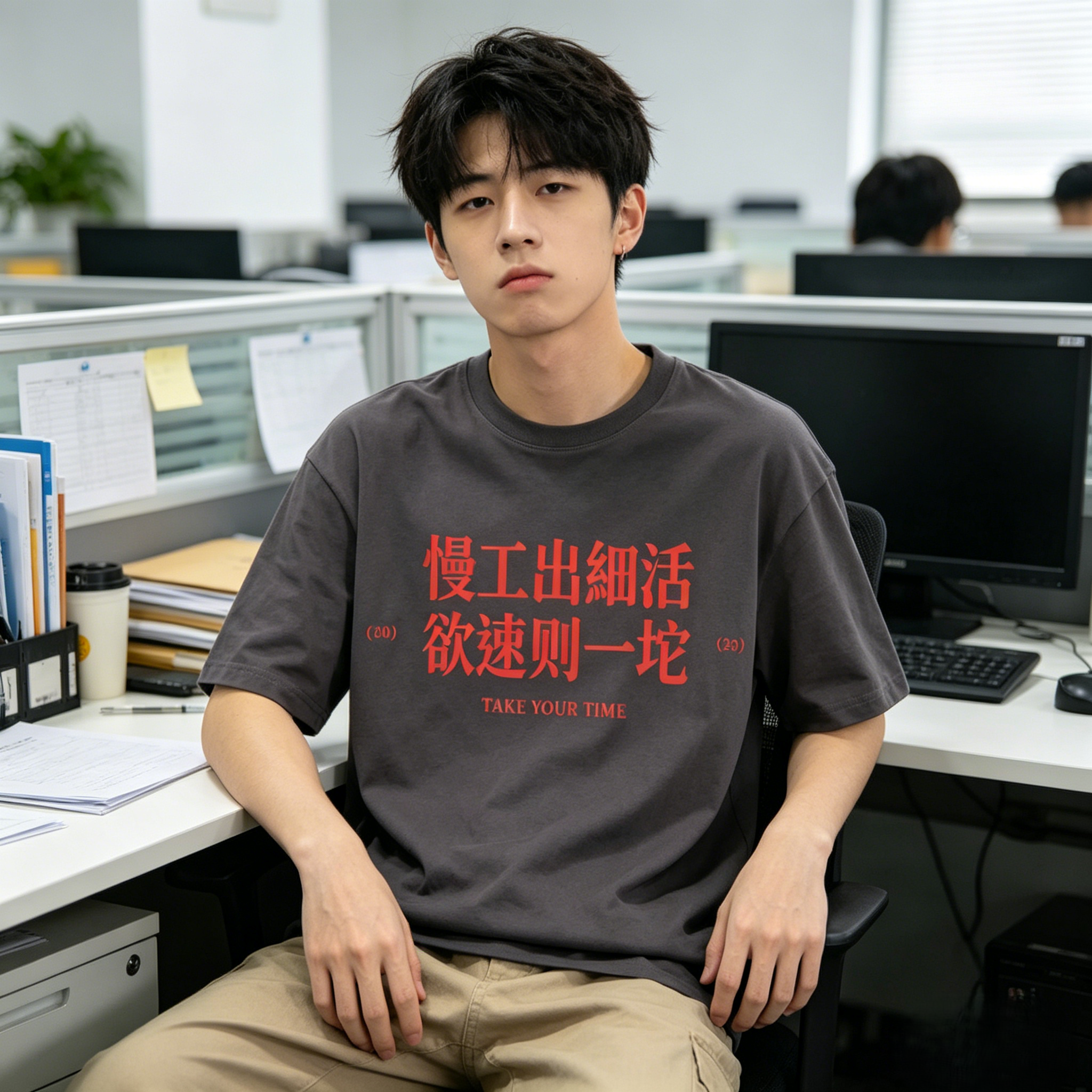 国潮慢工出细活趣味文字印花t恤短袖男女情侣纯棉宽松休闲上衣夏 - 实物图
