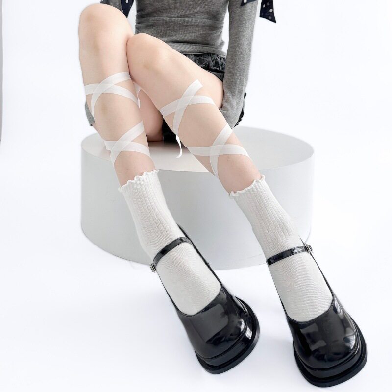 交叉白色腿绑带黑色lolita中筒袜子绑腿夏季系带JK小腿袜夏季薄款