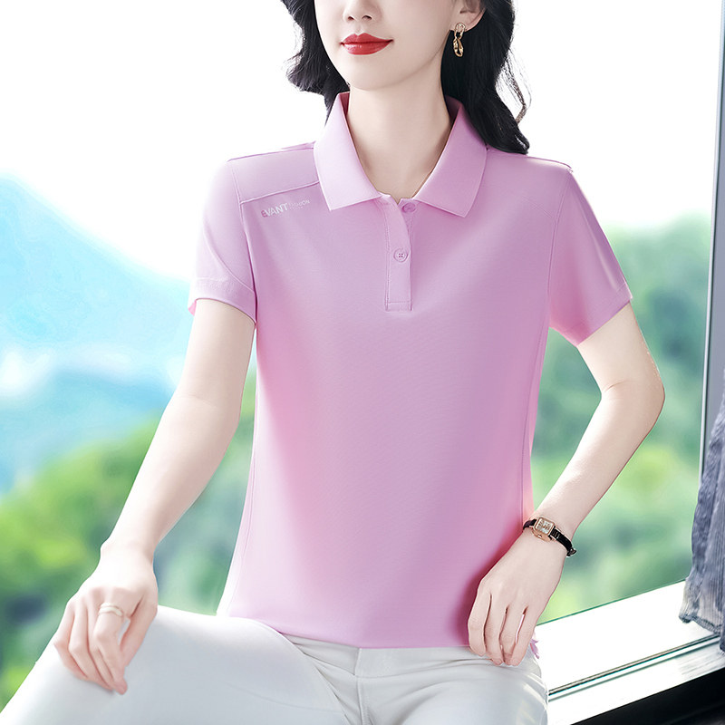 冰丝翻领短袖T恤女纯色简约百搭有领POLO衫上衣薄款透气夏季