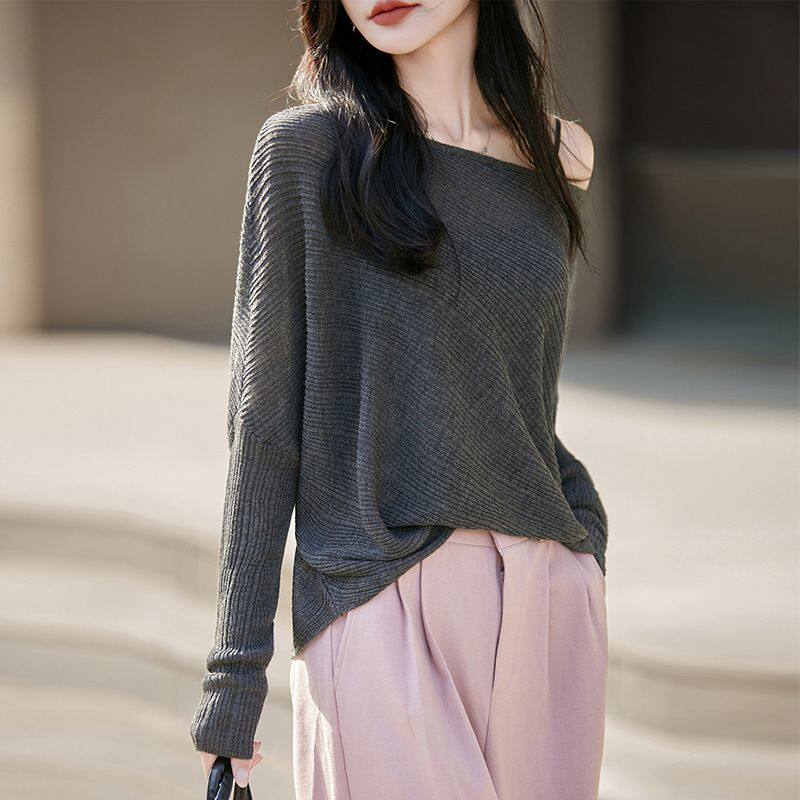 慵懒风冰麻针织长袖罩衫女宽松套头衣黑色一字领性感T恤上衣