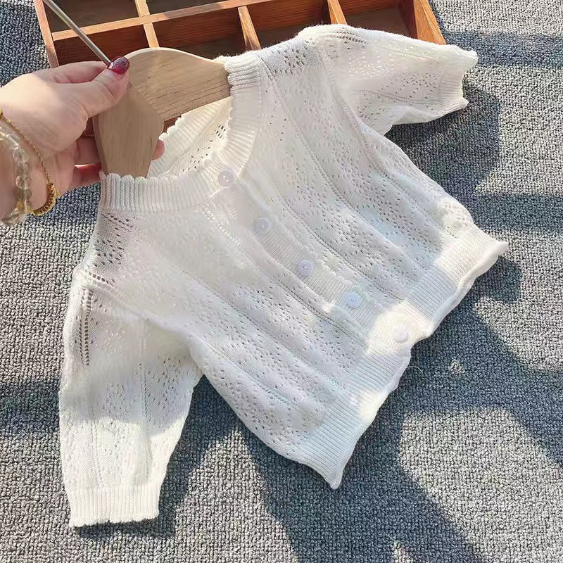 婴儿薄款空调夏季女童针织开衫宝宝透气镂空儿童小童毛衣外套