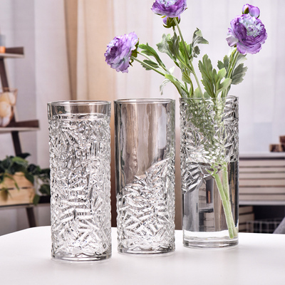 现代简约加厚透明冰纹直筒玻璃花瓶家居水养鲜花富贵竹桌面花瓶