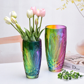 法兰晶新中式 彩色玻璃花瓶创意凤凰羽鲜花插花水培高级感家居摆件
