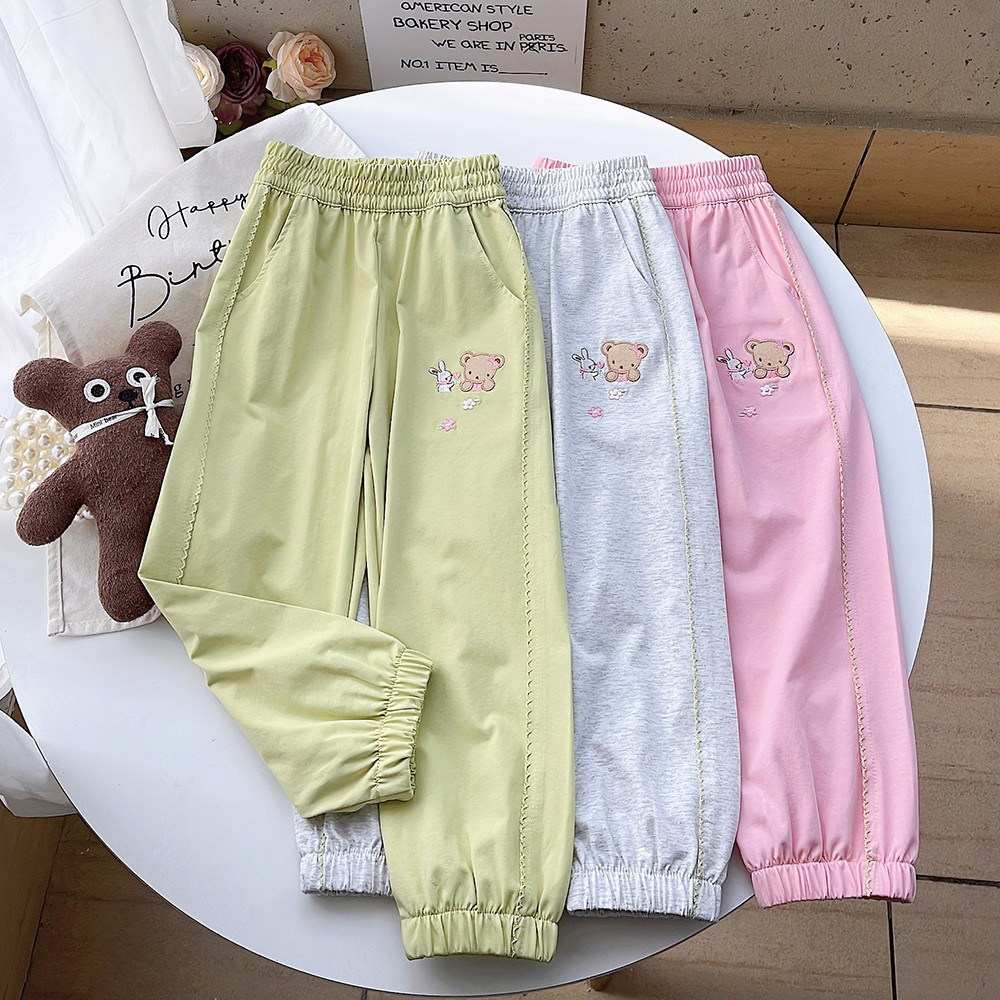 女童裤子夏季薄款防晒纯棉运动裤洋气卡通刺绣中大童休闲裤防蚊裤