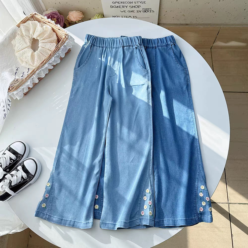 女童天丝牛仔裤夏季薄款凉感小女孩喇叭裤洋气刺绣防蚊裤休闲长裤