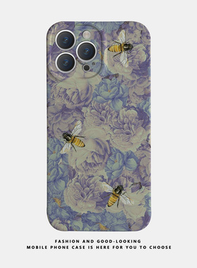 适用苹果华为iPhone17 15promax13reno9mate40P30/p50新款nova10x90pro荣耀80情侣手机壳iqoo12紫色花朵蜜蜂