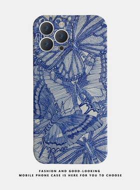 适用华为oppo苹果iqoo荣耀iphone17 15promax 14新款S17 mate50 80情侣reno8 9手机壳iqoo10 12彩绘蓝色蝴蝶
