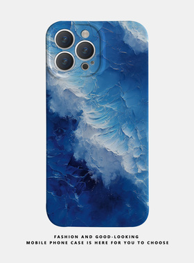 适用华为oppo苹果iqoo荣耀小米iphone17 16promax/15pro/14/13/12/mate70 60情侣手机壳plus视觉蓝色油墨海浪