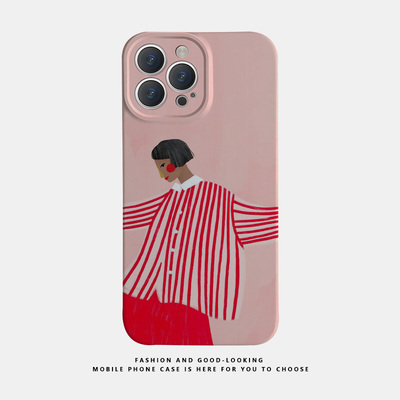 适用华为oppo苹果iqoo荣耀小米iphone17 16promax/15pro/14/13/12/mate70 60情侣手机壳plus艺术手绘短发女孩