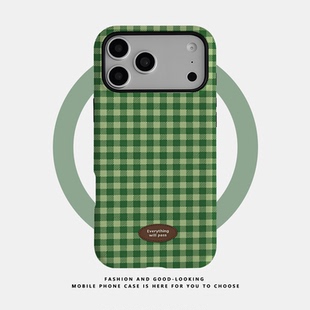 适用于苹果iPhone17ProMax手机壳16 15 14 Plus 13 12 11新款二合一菲林磁吸全包防摔保护套绿调格纹英文