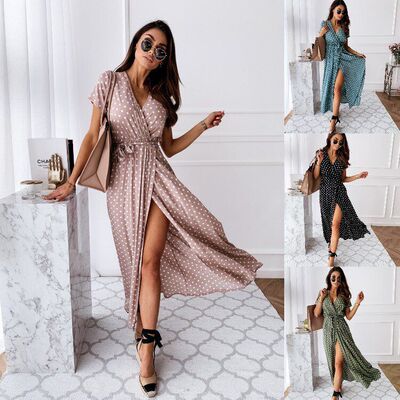 European style V-neck Bohemian polka dot printed long dress