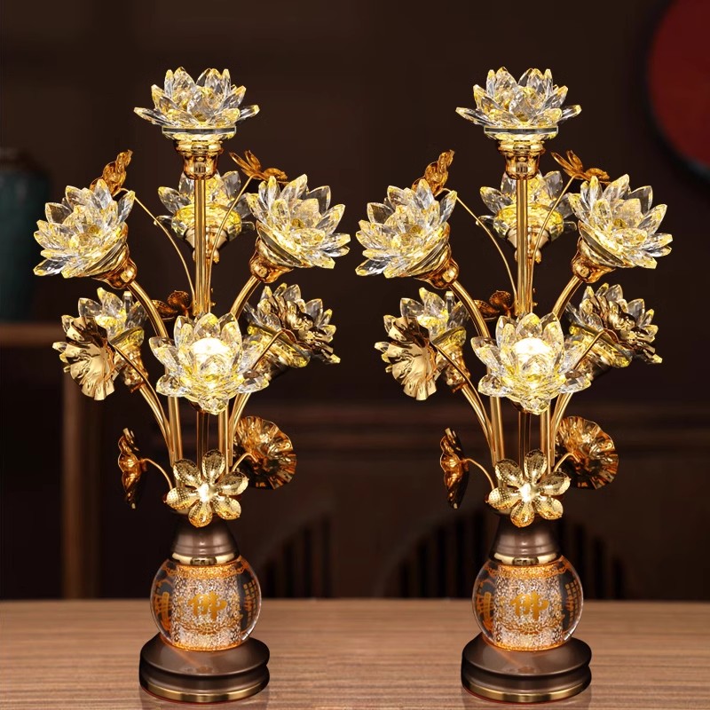 新款莲花灯菩萨佛前佛供灯观音灯一对家用插电供奉供佛水晶神台灯