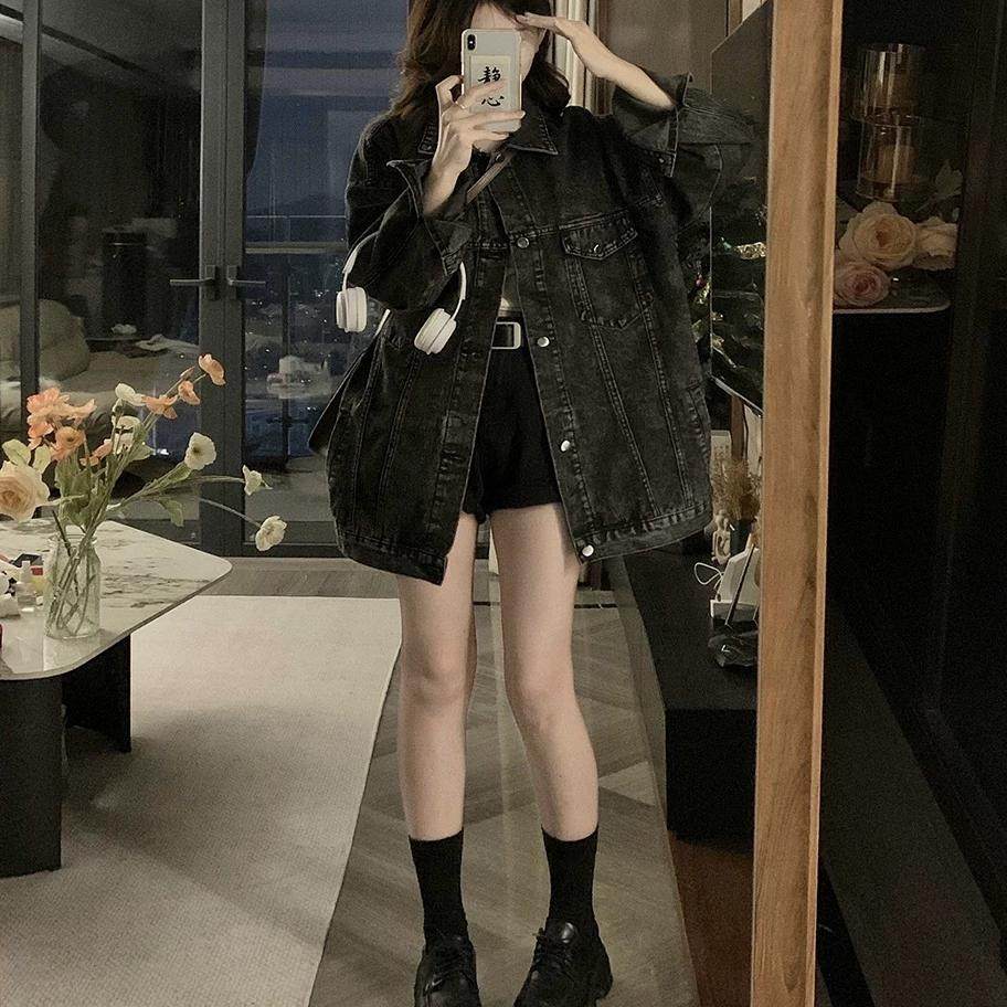 潮流复古港风牛仔外套女春秋宽松oversize中长款百搭夹克上衣褂子
