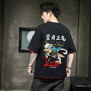 2021男100%纯棉短袖T恤潮风青少年宽松假两件圆领4002-T801,长款白色寸衣怎么搭配图片图片