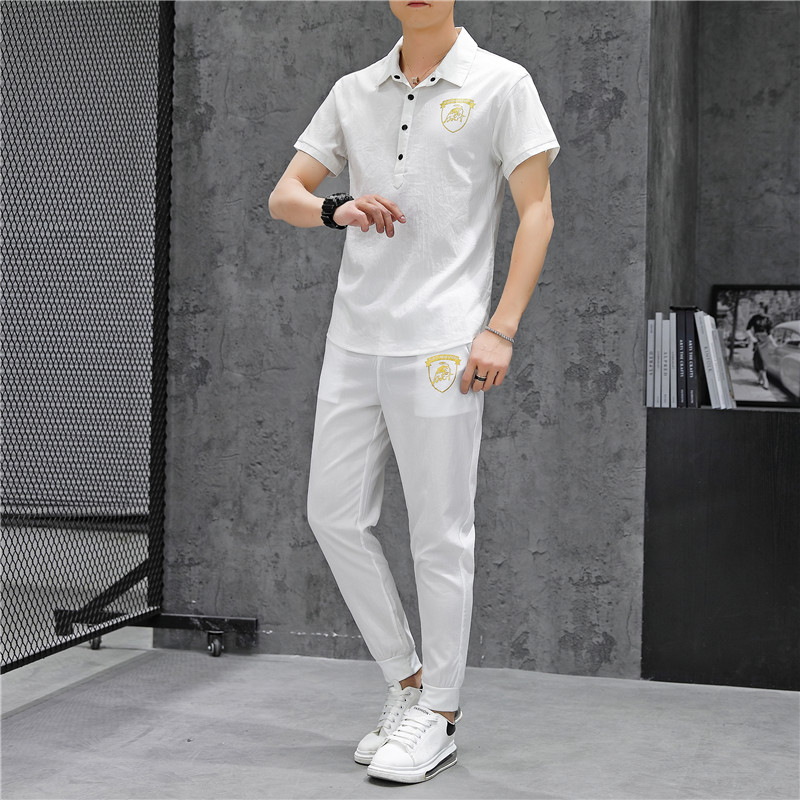 2021男士夏季新款潮牌短袖两件套青年运动立领T套装4002-5806,男装休闲套装,星座1018