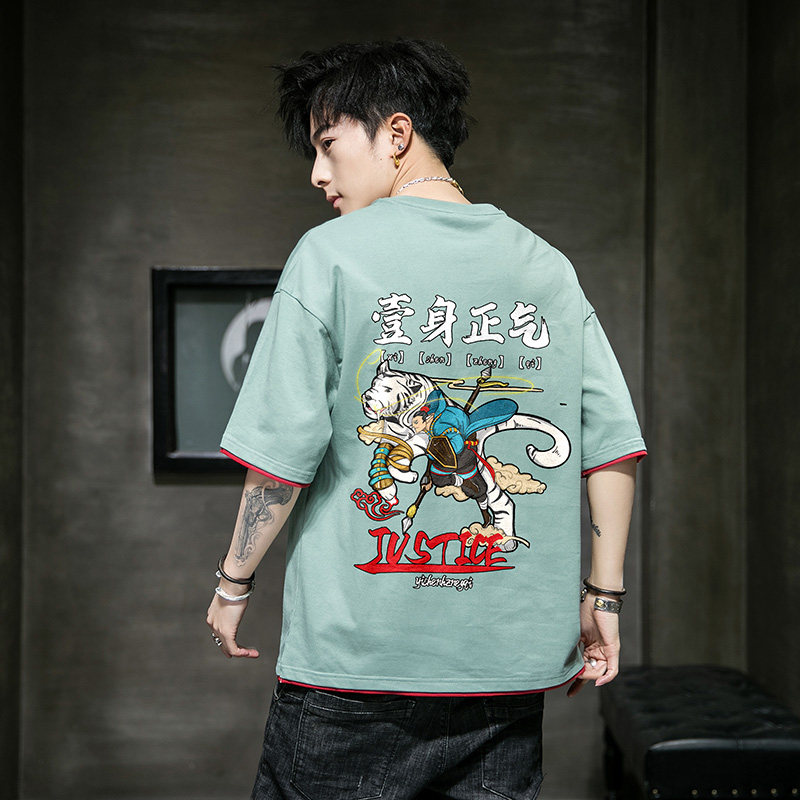 2021男100%纯棉短袖T恤潮风青少年宽松假两件圆领4002-T801,男装T恤,星座1018