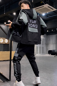 2021青少年开衫男士运动潮流休闲帅气连帽工装套装-4002-0808图片