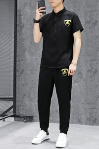 2021男士夏季新款潮牌短袖两件套青年运动立领T套装4002-5806图片