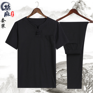 2021跑量款风夏季薄款棉麻休闲盘扣复古短袖套装4002-788图片