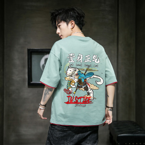 21男士100%纯棉短袖T恤潮风青少年宽松假两件圆领4002-T801图片