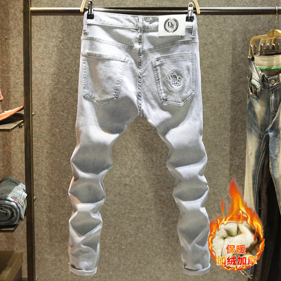 2025新款牛仔裤男修身小脚休闲男裤潮牌加绒加厚浅色裤子男士长裤