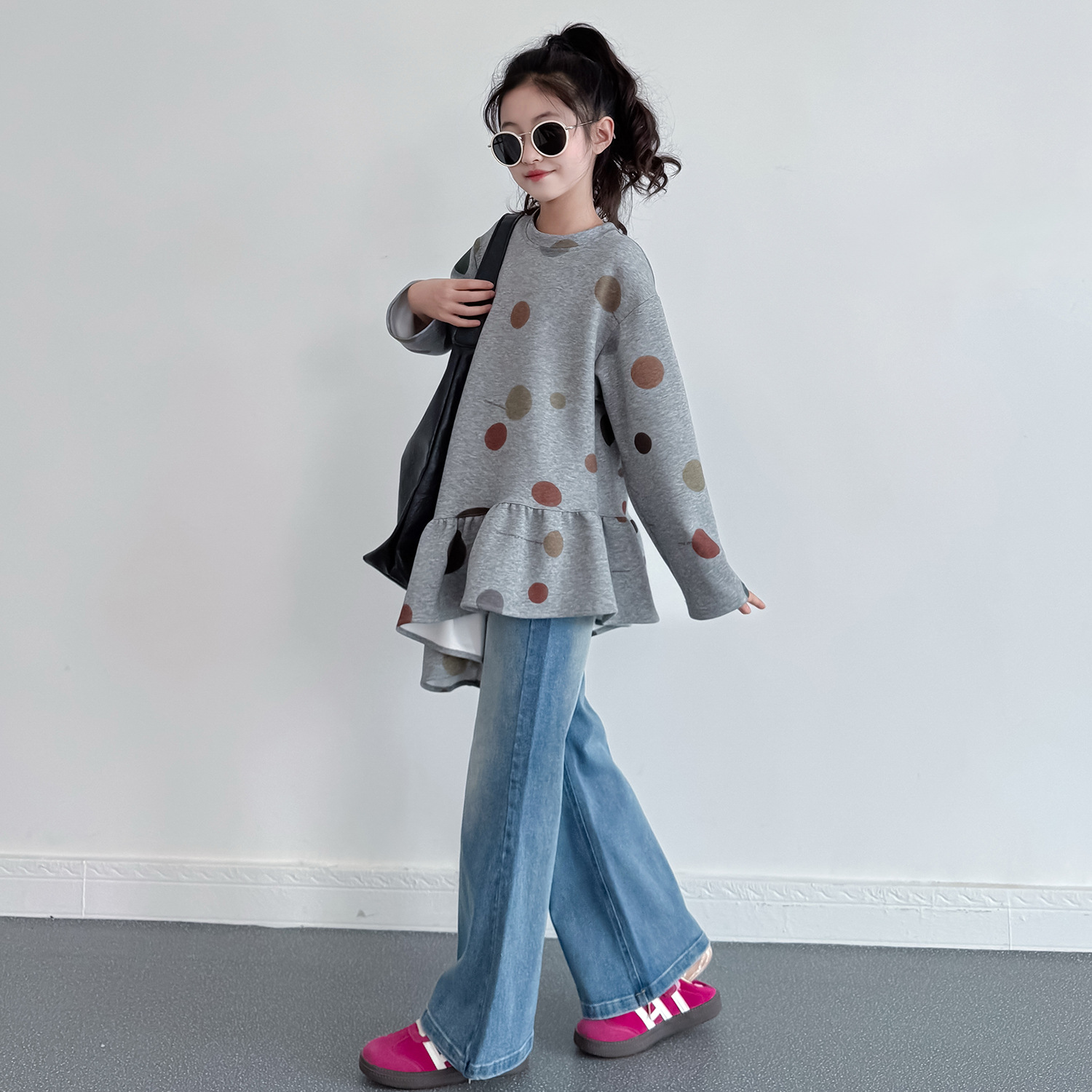 女童波点卫衣复古不规则