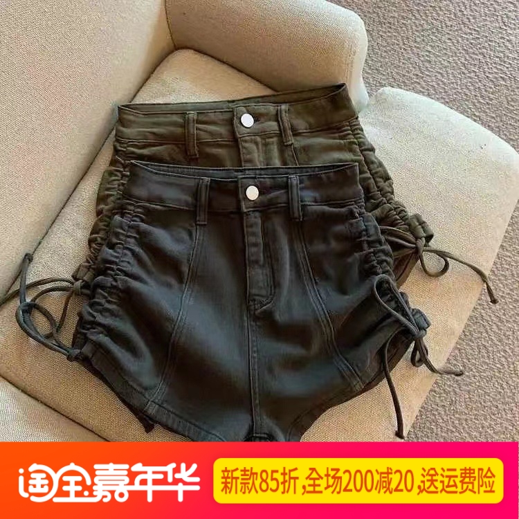 女童弹力高腰阔腿牛仔短裤儿童春秋抽绳弹力a字裤绑带紧身热裤潮