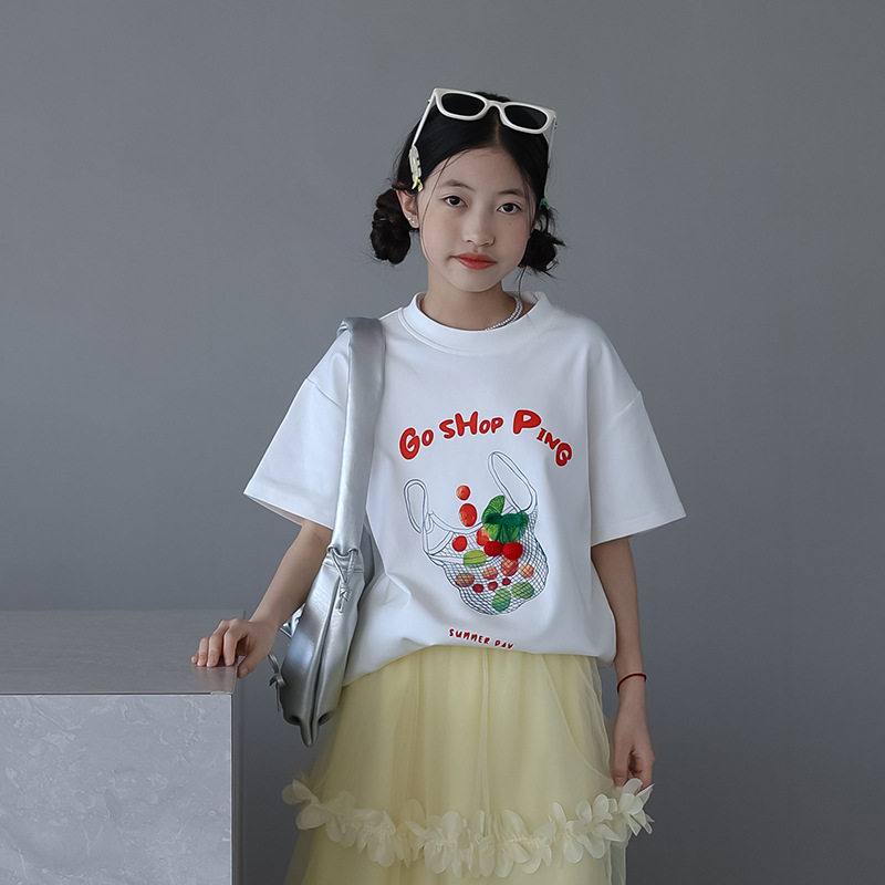 女大童白色印花t恤小女孩圆领落肩短袖上衣儿童休闲半袖T恤亲子装