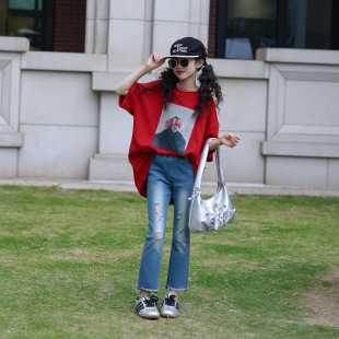 女童春夏破洞牛仔裤儿童毛边微喇裤小女孩弹力修身不规则九分裤潮