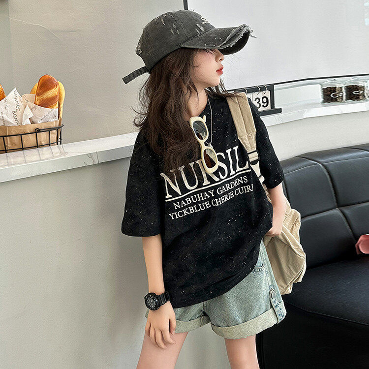 女童夏季运动风套装儿童字母印花短袖宽松T恤牛仔短裤休闲两件套