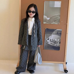 女童复古波点西装套装儿童小香名媛无领外套屁帘假两件西裤两件套