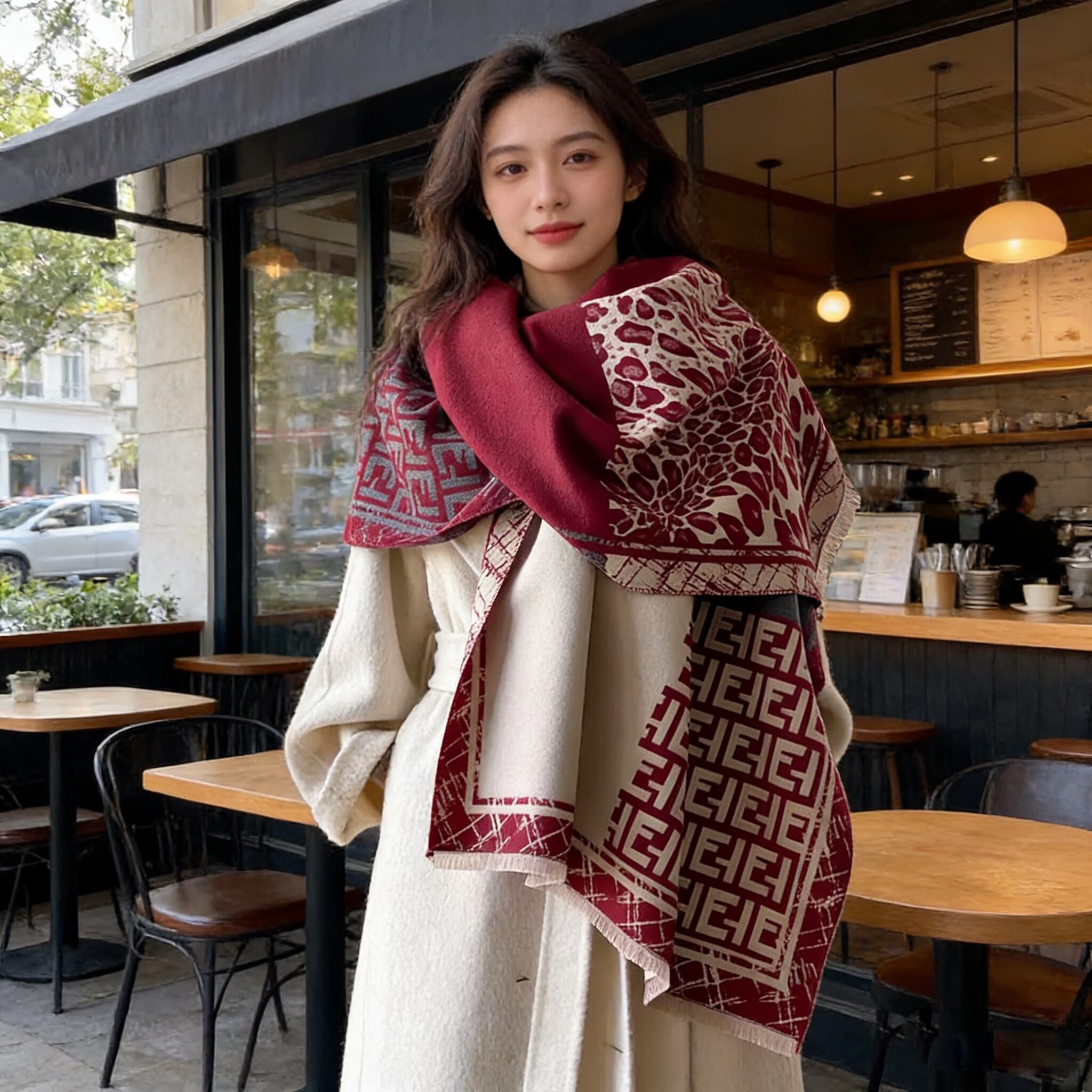 秋冬双面仿羊绒保暖百搭围巾披肩