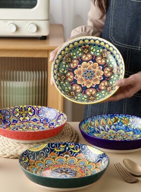 【金玉满堂】陶瓷餐具8英寸深盘混装民族艺术风大汤碗陶瓷餐具HX
