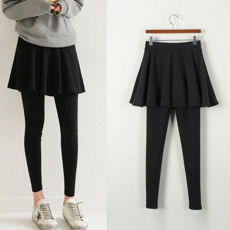 春秋加厚假两件打底裤女纯棉紧身显瘦弹力裤裙外穿带裙子小脚裤子