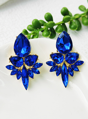 欧美彩钻奢华耳饰重工耳环复古宫廷风几何耳钉蓝色宝石C040