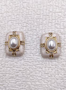 中古法式复古白色宝石方形耳环气质金属耳钉无耳洞耳夹B880