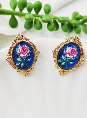 油画天然巴洛克耳环女新中式复古耳钉国风玫瑰花小众耳饰C188