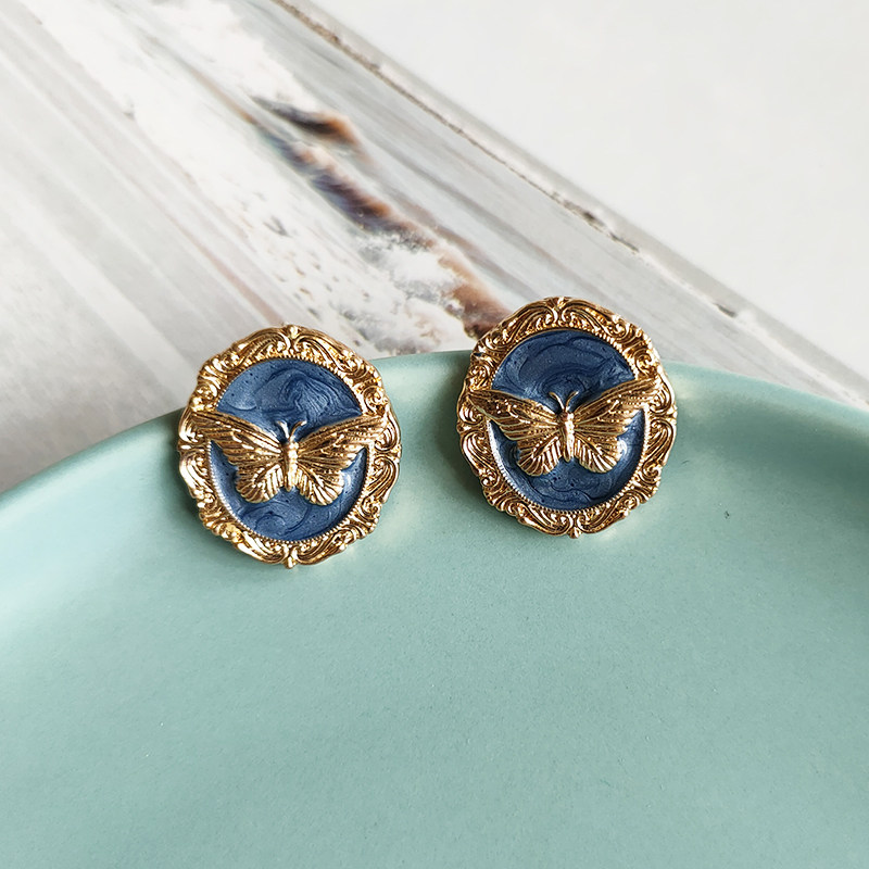 油画蝴蝶 法式复古vintage西洋风灰色滴釉圆形银针耳钉耳夹B481,饰品/流行首饰/时尚饰品新,耳钉,淘宝优惠券,粉丝福利购,淘宝优惠卷