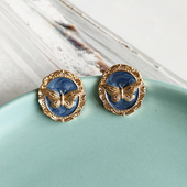 油画蝴蝶 法式 复古vintage西洋风灰色滴釉圆形银针耳钉耳夹B481