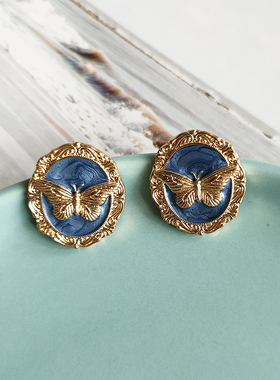 油画蝴蝶 法式复古vintage西洋风灰色滴釉圆形银针耳钉耳夹B481