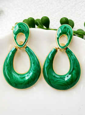 高级感文艺复古耳饰 绿色滴油优雅银针耳钉原创耳环耳夹B925