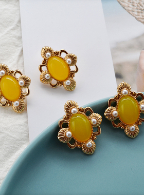 银针复古宫廷风耳饰黄色树脂巴洛可风格珍珠耳钉时尚个性113